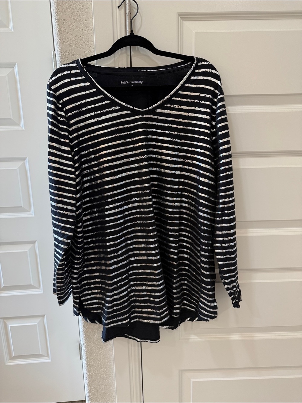 Soft Surroundings Black Top with Metallic Silver Stripes